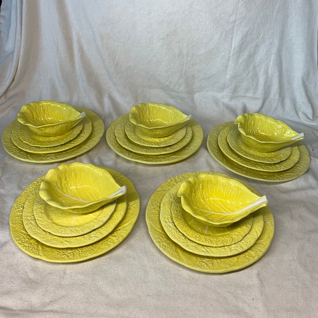 Ceramic 1970s Secla Majolica Pottery “Yellow Cabbage Leaf” - Serving for 5, 20 Pieces For Sale - Image 7 of 12
