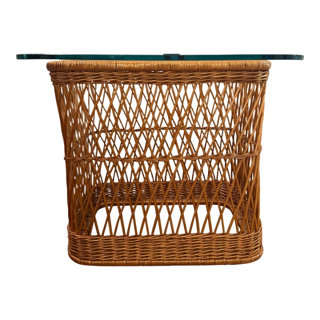 1980s Davis Allen McGuire Glass Top Wicker Table For Sale