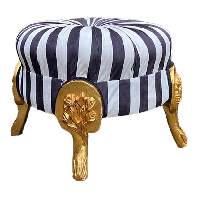 1990s French Louis XVI Gilded Ottoman Bench in Black & White Striped Velvet, Refinished For Sale