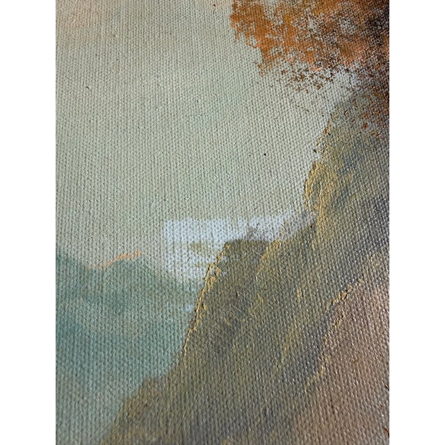 Textile Mid-Century Signed Original Oil Painting on Canvas, Lake & Mountains 29x41 For Sale - Image 7 of 11