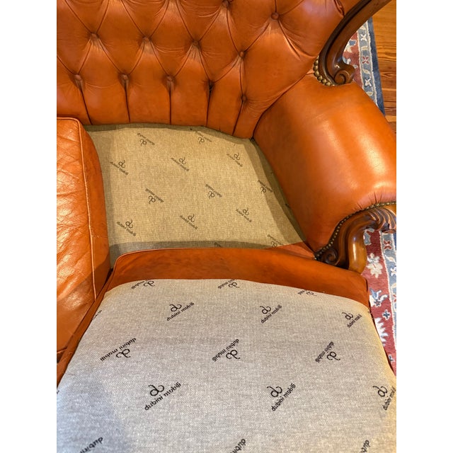 Wood Victorian Style Tufted Leather Sofa With Carved Wood Frame, Vintage For Sale - Image 7 of 7