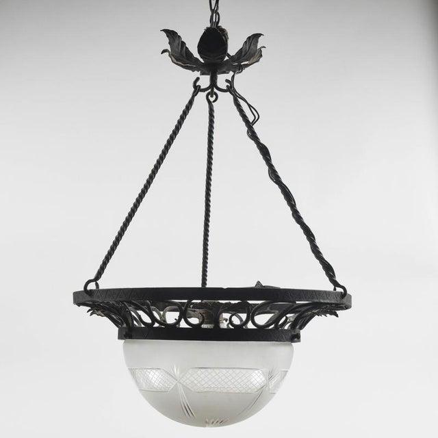 Art Nouveau Iron Pendant with Glass Hood For Sale - Image 6 of 9