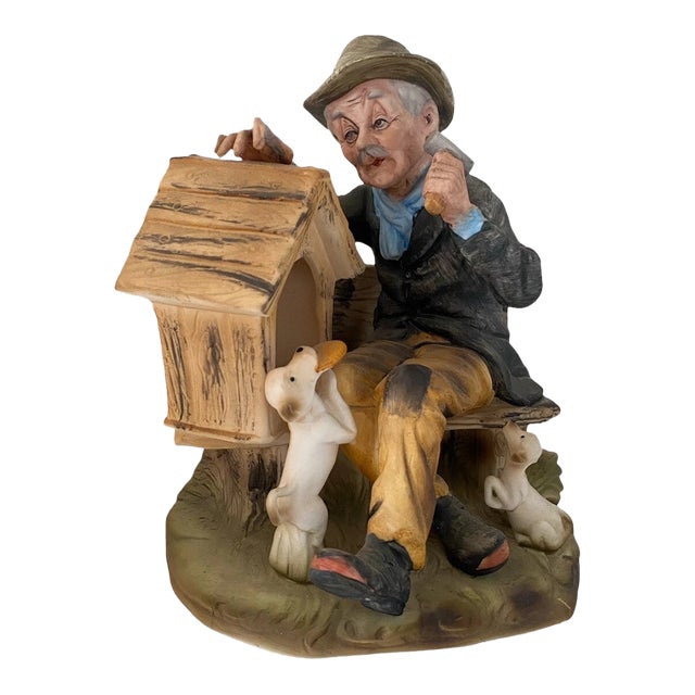 Vintage Lefton Japan Hand Painted Old Man With Dogs Doghouse Porcelain Figurine For Sale