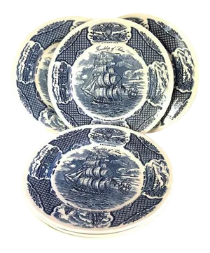 Vintage Staffordshire Fair Winds Ship Blue & White Dinner Plates- Set of 6