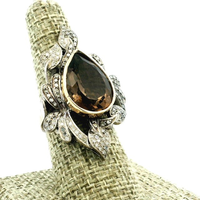 1970s Italian Smoky Topaz & Diamond Ring in Silver and 14k Gold, Size 8 For Sale - Image 9 of 11