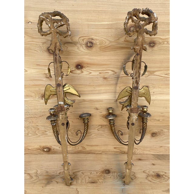 Wood Antique Italian Federal Style Figural Carved Gold Gilded Candle Wall Sconce - Pair For Sale - Image 7 of 9