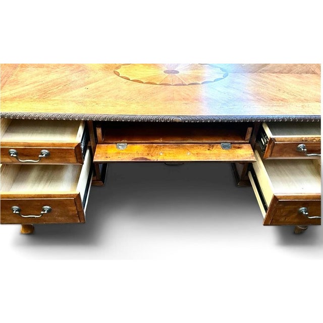 Late 20th Century Compass Star Parquetry Oak Executive Desk With Keyboard Drawer & Carved Rope Edge For Sale - Image 9 of 9