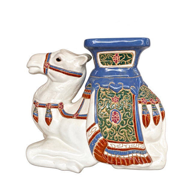 Blue Vintage Glazed Ceramic Camel Garden Stool, 1970s For Sale - Image 8 of 8