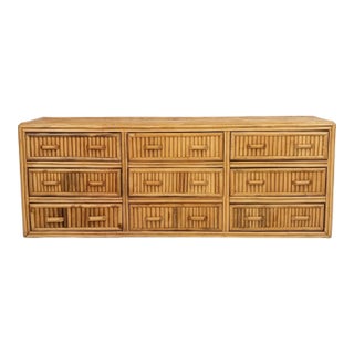 1970s Crespi-Style Stacked Rattan 9 Drawer Lowboy Chest of Drawers For Sale