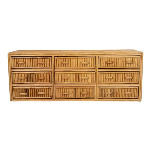 1970s Crespi-Style Stacked Rattan Lowboy Chest of Drawers For Sale