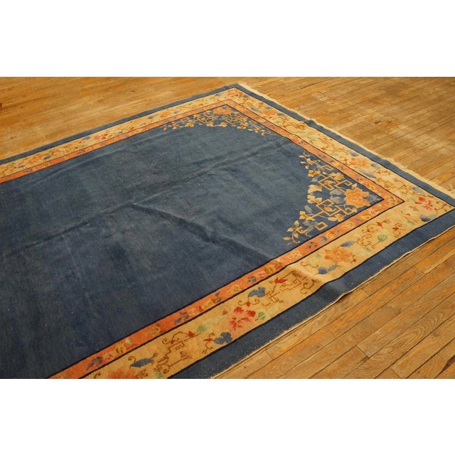 1920s Blue Open Floral Antique Chinese Art Deco Rug 6'9" X 10'8" Wool Knotted Carpet For Sale - Image 4 of 12