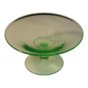 1930s Green Uranium Depression Glass Clear Round Footed Pedestal Serving Bowl
