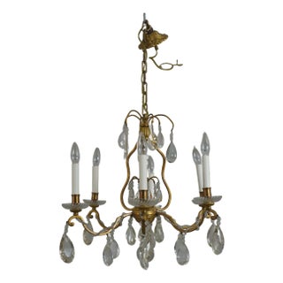 Vintage French Crystal and Bronze Six-Arm Ceiling Chandelier For Sale