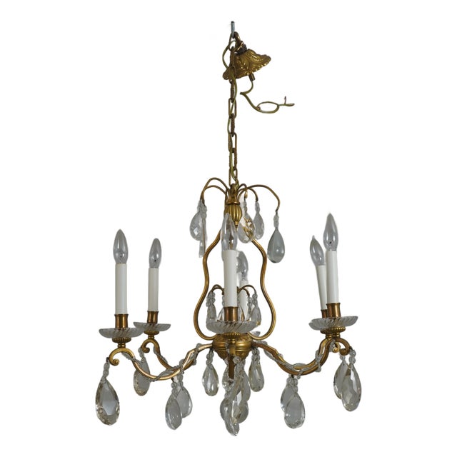 Vintage French Crystal and Bronze Six-Arm Ceiling Chandelier For Sale