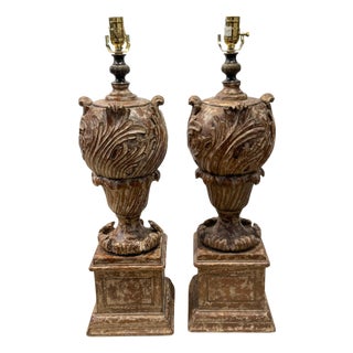 Pair of Italian Baroque Style Carved & Polychromed Wood Urns, Now as Lamps For Sale