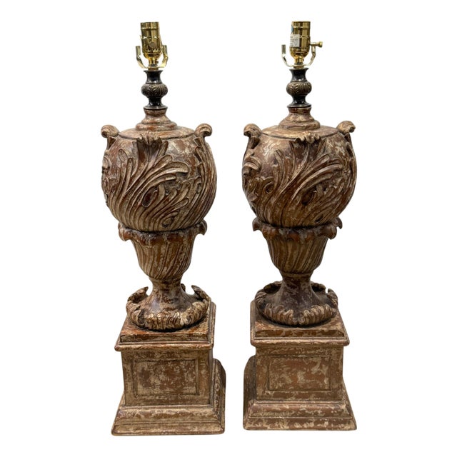 Pair of Italian Baroque Style Carved & Polychromed Wood Urns, Now as Lamps For Sale