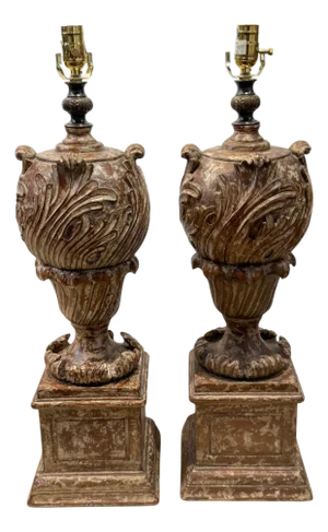 Pair of Italian Baroque Style Carved & Polychromed Wood Urns, Now as Lamps