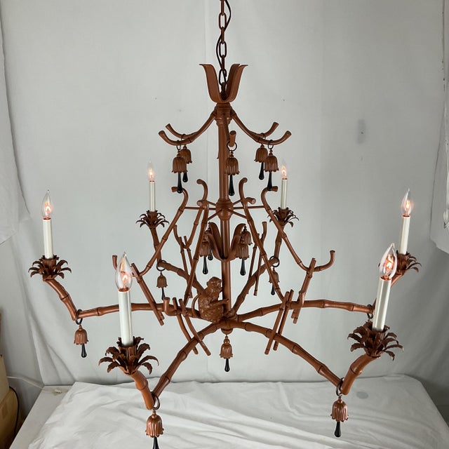 1960s Whimsical Chinoiserie Faux Bamboo Monkey Chandelier With Black Teardrop Accents For Sale - Image 10 of 16