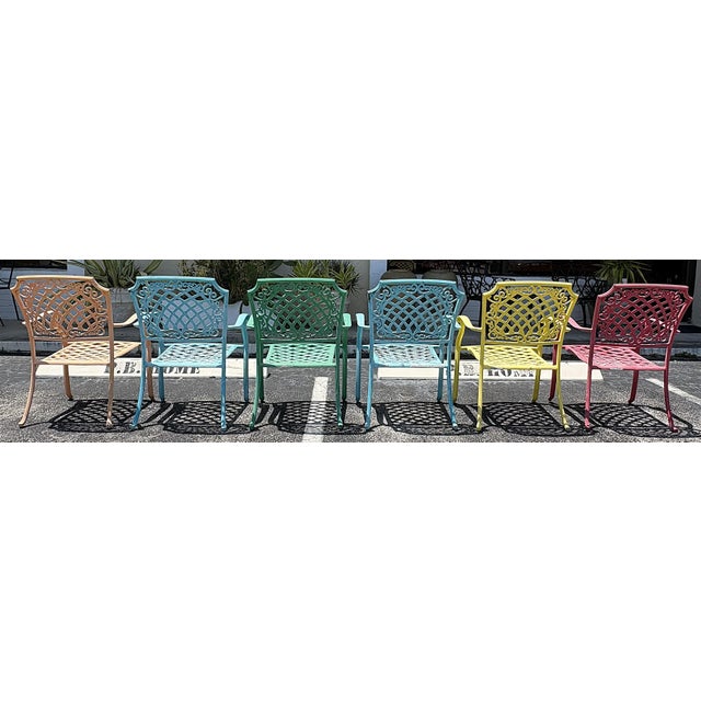 Vintage Cast Aluminum Brightly Painted Outdoor Armchairs- Set of 6 For Sale - Image 4 of 18