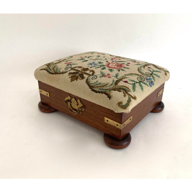 English Needlepoint and Mahogany Foot Stool For Sale - Image 4 of 9