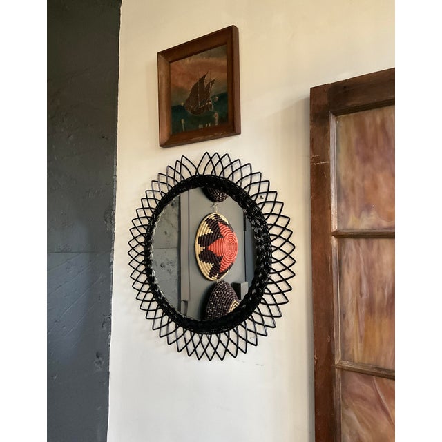Vintage Round Wicker Sunburst Wall Mirror For Sale - Image 10 of 13