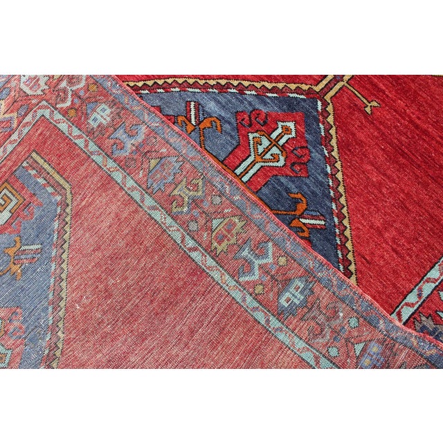 Colorful Turkish Wide Runner in Rich Red and Steel Blue 3'10 X 12'7 For Sale In Atlanta - Image 6 of 7