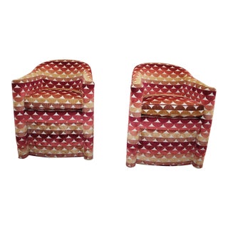 Postmodern 1980’s Kravet Furniture Geometric Velvet and Fabric Pattern Barrel Chair Counter Stools- a Pair For Sale