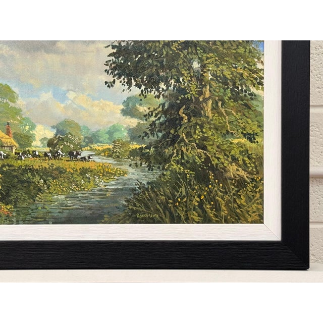 English Countryside Oil Painting with Thatched Cottage, River & Cows Grazing 1985 Circa For Sale - Image 13 of 15