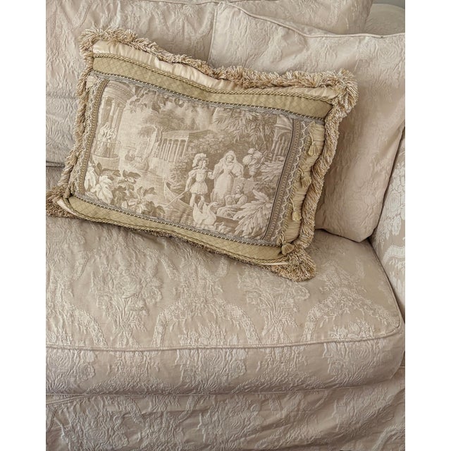 High-end 1990s vintage decorative accent pillow featuring a finely loomed French Toile de Jouy scenic tapestry center...