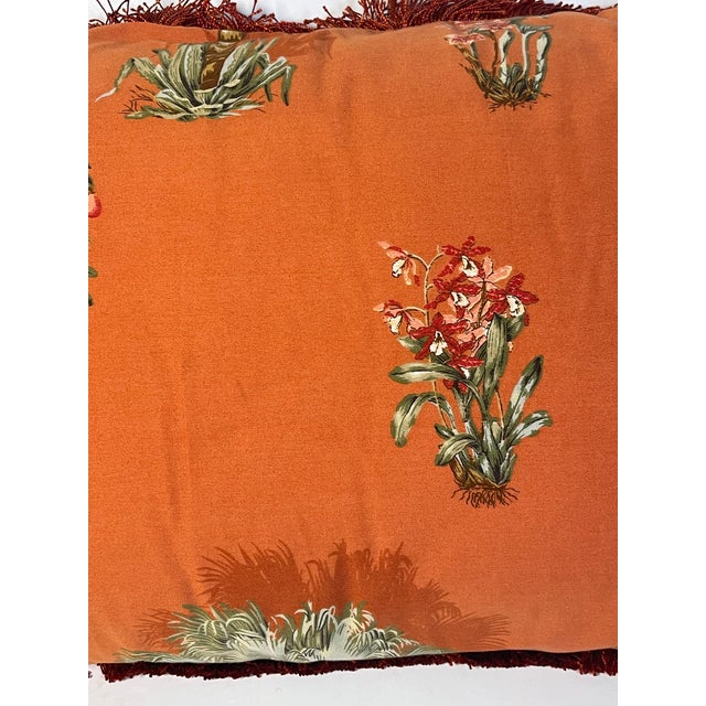 Beautiful ochre color pair of large 35” by 30” tropical Palm Beach pillows with palm trees and matching fringes.