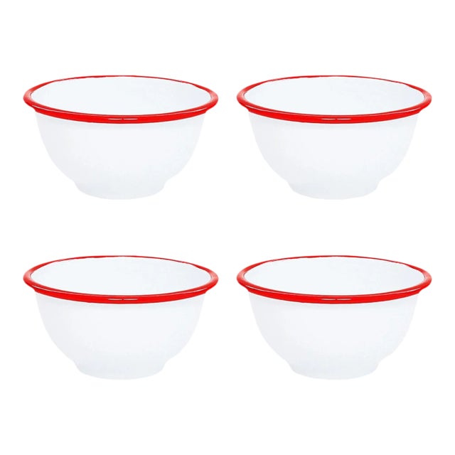 Crow Canyon Home Enamelware, Vintage Small 14 oz. Footed Bowls in White with Red Rim - Set of 4 For Sale