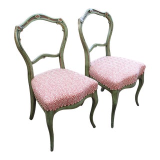 Pair of Victorian Side Chairs With Green Paint and Red & White Upholstered Seats For Sale