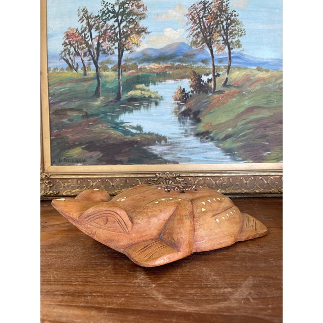 Brown 1970s Hand-Carved Wooden Frog Wall Plaque With Inlay and Tribal Motif Design For Sale - Image 8 of 11