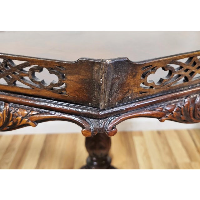 Vintage English Chippendale Style Flamed Mahogany Open Fretwork Tilt-Top Table For Sale - Image 10 of 18