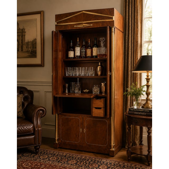 Hollywood Regency Vintage Mastercraft Brass-Mounted Walnut Media Armoire / Bar Cabinet For Sale - Image 3 of 13