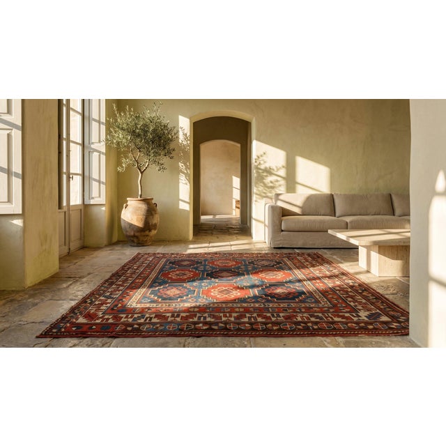 Textile 1880s Blue Geometric Tribal Antique Caucasian Kazak Rug Hand Knotted 4'3" X 6'2 Wool Carpet For Sale - Image 7 of 7