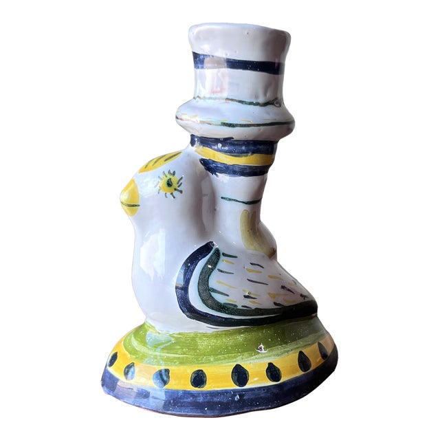 Vintage Portuguese Pottery Folk Art Bird Candlestick Holder For Sale