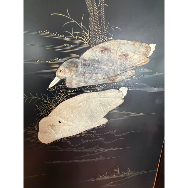 Vintage Chinese Six Panel Folding Screen Room Divider With Hard-Stone Inlay For Sale - Image 12 of 12