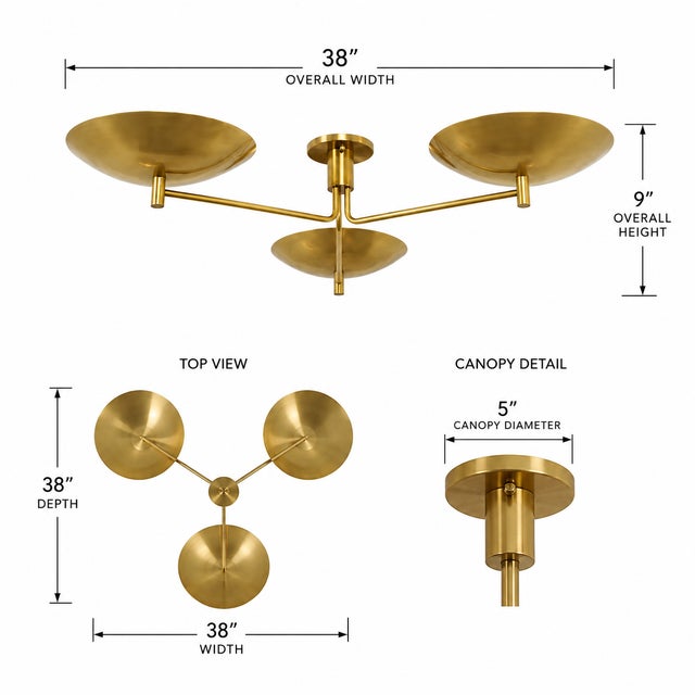 Brass Handcrafted Solid Brass 3-Light Flush Mount Ceiling Fixture For Sale - Image 8 of 9