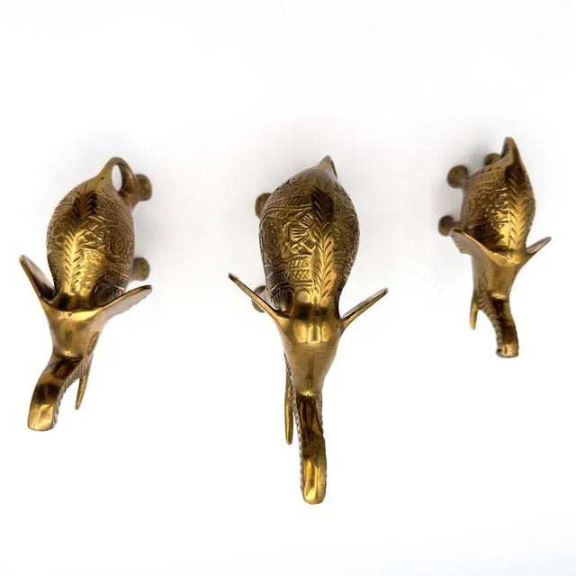 Metal Set of Three Vintage Brass Elephant Figurines Lucky Trunks Up Made in India For Sale - Image 7 of 12