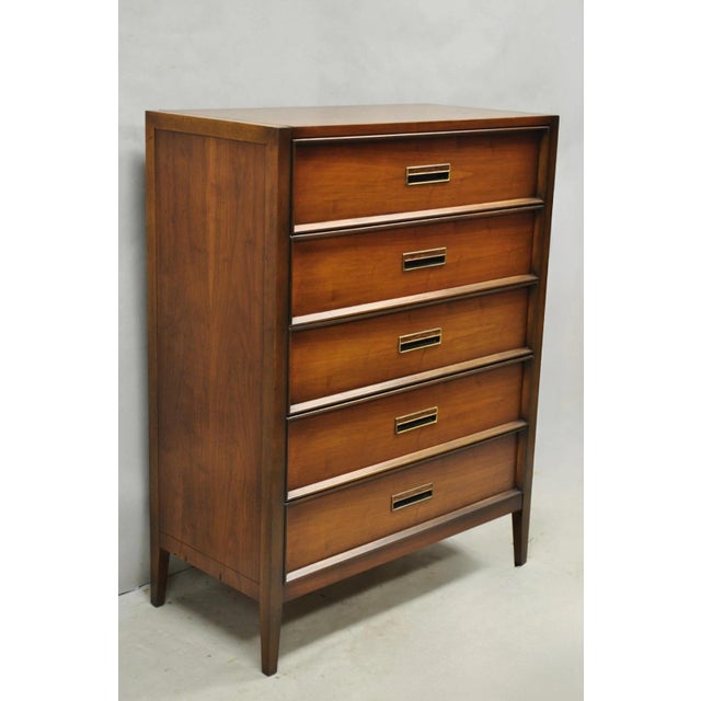Vintage Drexel Mid Century Modern Walnut 5 Drawer Tall Chest Dresser Highboy. Circa Mid 20th Century. Measurements: 50" H...