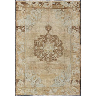 Vintage Turkish Kars Rug With Floral Medallion in Camel, Tan, Taupe, Gray, Sand 7′5″ × 10′8″ For Sale