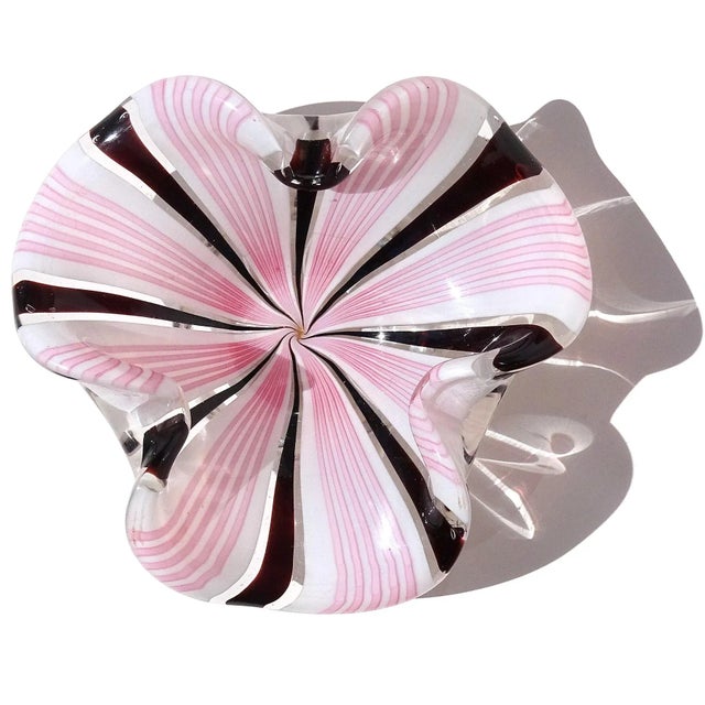 Beautiful, vintage Murano hand blown black and pink ribbons over white Italian art glass folded rim decorative bowl....