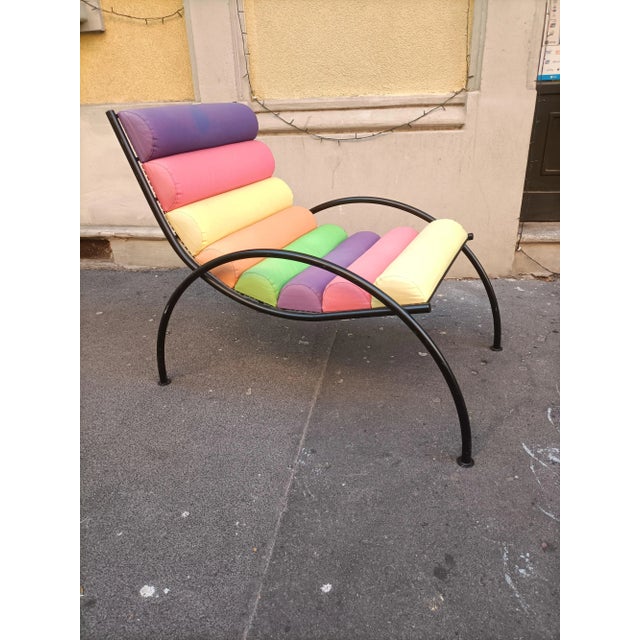 1980s Armchair in Black Lacquered Iron with Colored Fabric Cylinders, 1980s For Sale - Image 5 of 12