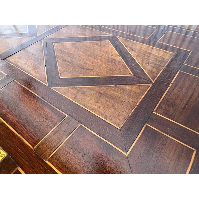 19th Century Baroque Spanish Side Table With Marquetry Top and Iron Stretcher For Sale - Image 11 of 13