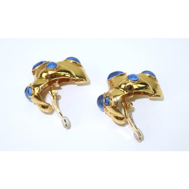 Gold Antigona Paris Gold Plated Sculptural Earrings With Blue Cabochons, a Pair For Sale - Image 8 of 12