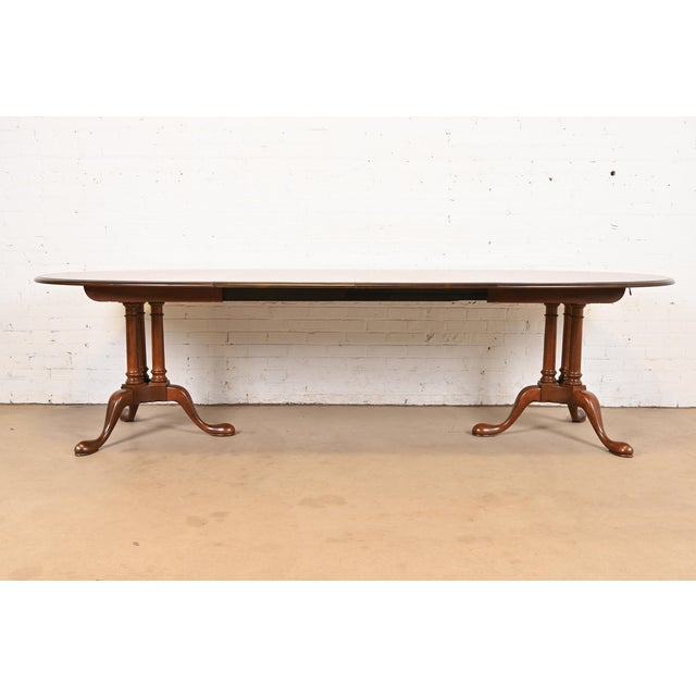 English Baker Furniture Georgian Cherry Wood Double Pedestal Extension Dining Table, Newly Refinished For Sale - Image 3 of 12