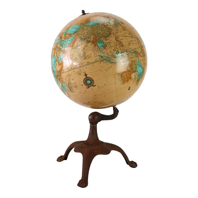 Antique Cram’s Imperial World Globe With Cast Iron Clawfoot Base 20thC For Sale
