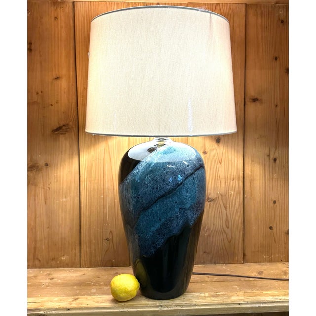 1970s 1970s Dutch Black Cobalt Blue Drip Glaze Large Lamp For Sale - Image 5 of 5
