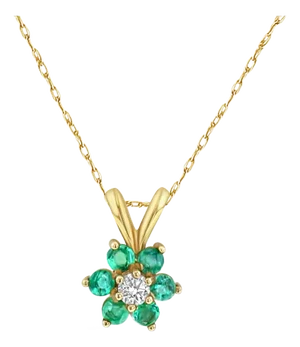 Flower Shaped Emerald Cluster Necklace .40cttw 14k Yellow Gold 16"